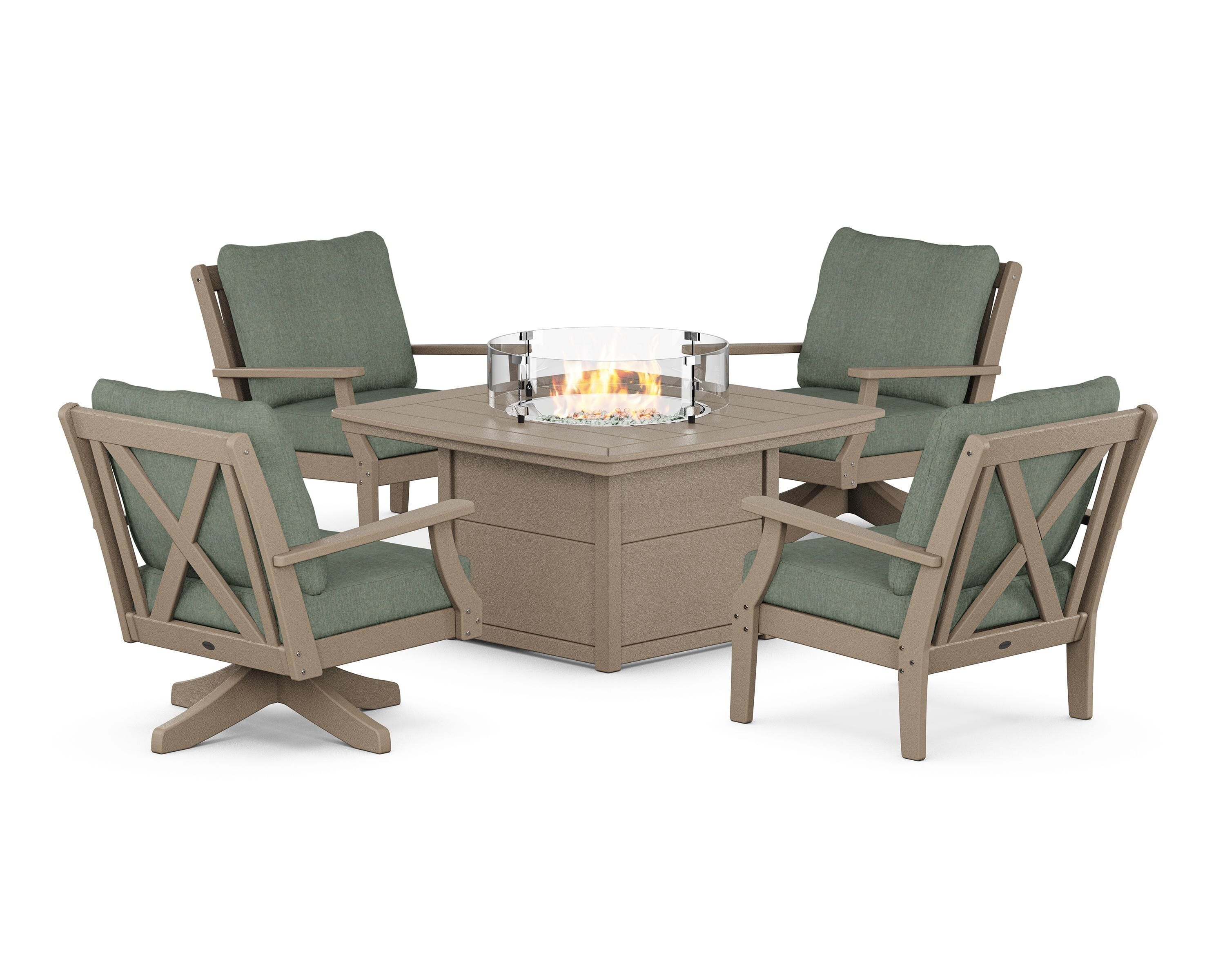 POLYWOOD® Braxton 5-Piece Deep Seating Set with Fire Table in Vintage Sahara / Cast Sage