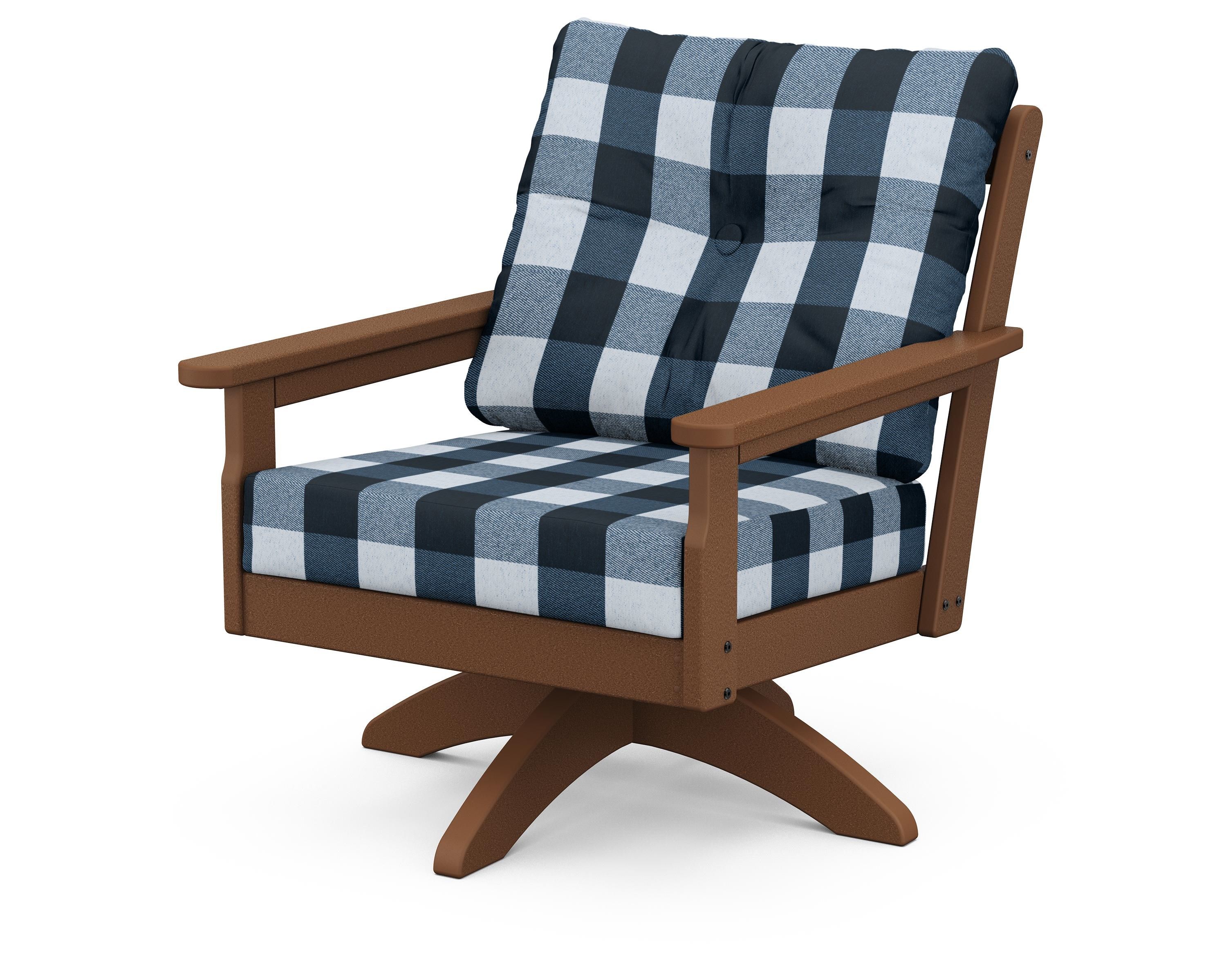 POLYWOOD® Vineyard Deep Seating Swivel Chair in Teak / Buffalo Plaid Marine Indigo