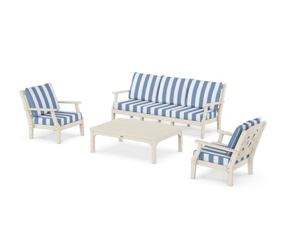 Martha Stewart by POLYWOOD® Chinoiserie 4-Piece Deep Seating Set with Sofa in Sand / Cabana Stripe Sky Blue