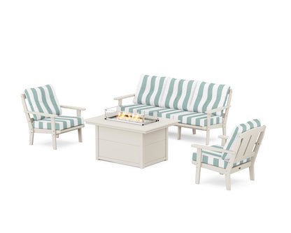 POLYWOOD® Mission Deep Seating Fire Pit Table Set in Sand / Cabana Stripe Glacier Spa