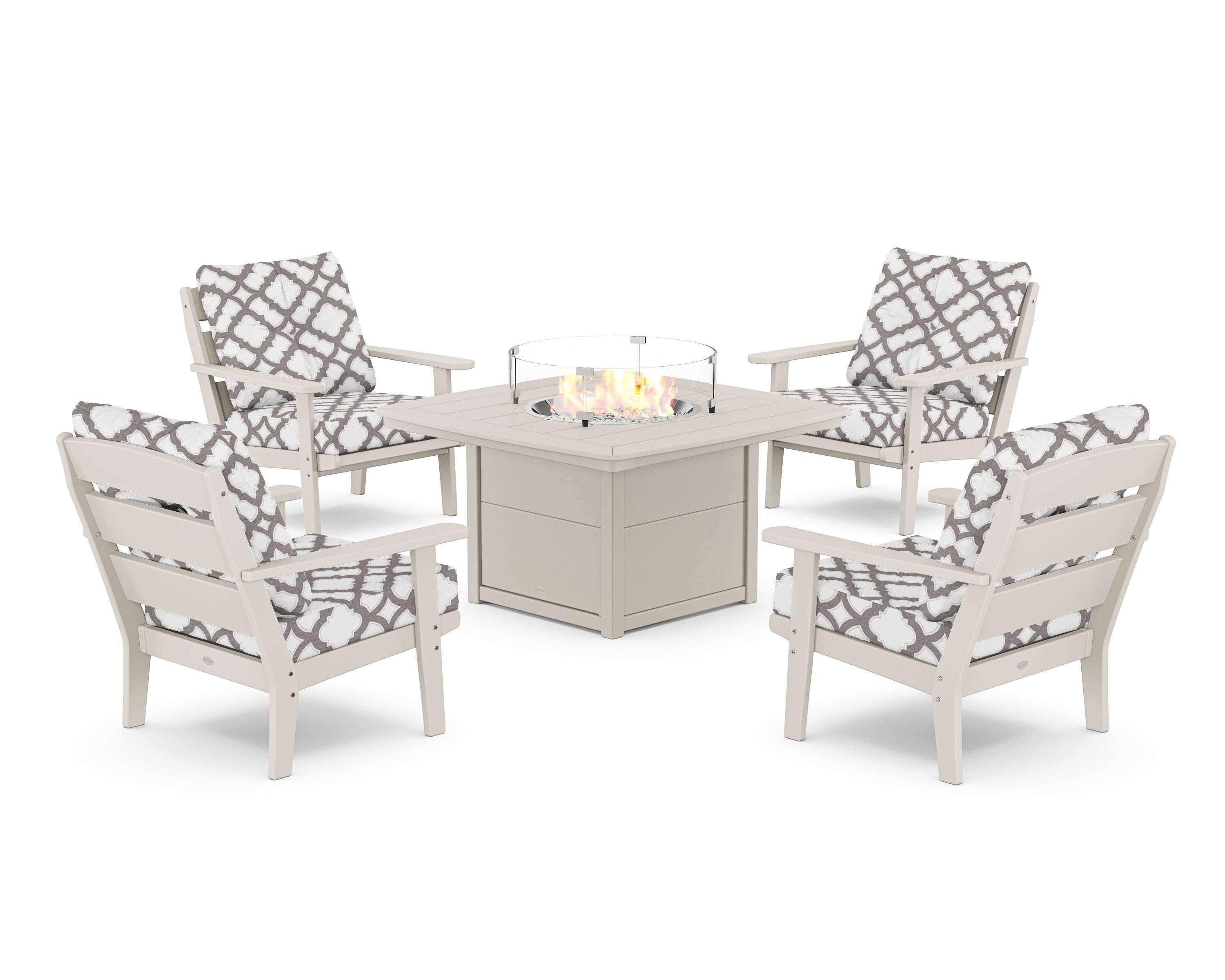 POLYWOOD® Lakeside 5-Piece Deep Seating Set with Nautical Fire Pit Table in Sand / Trellis Grey Mist