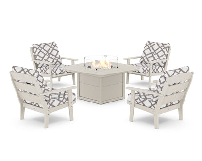 POLYWOOD® Lakeside 5-Piece Deep Seating Set with Nautical Fire Pit Table in Sand / Trellis Grey Mist