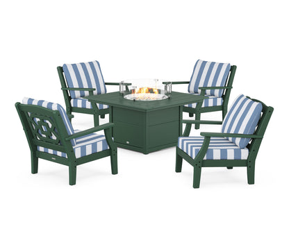 Martha Stewart by POLYWOOD® Chinoiserie 5-Piece Deep Seating Set with Fire Pit Table in Green / Cabana Stripe Sky Blue