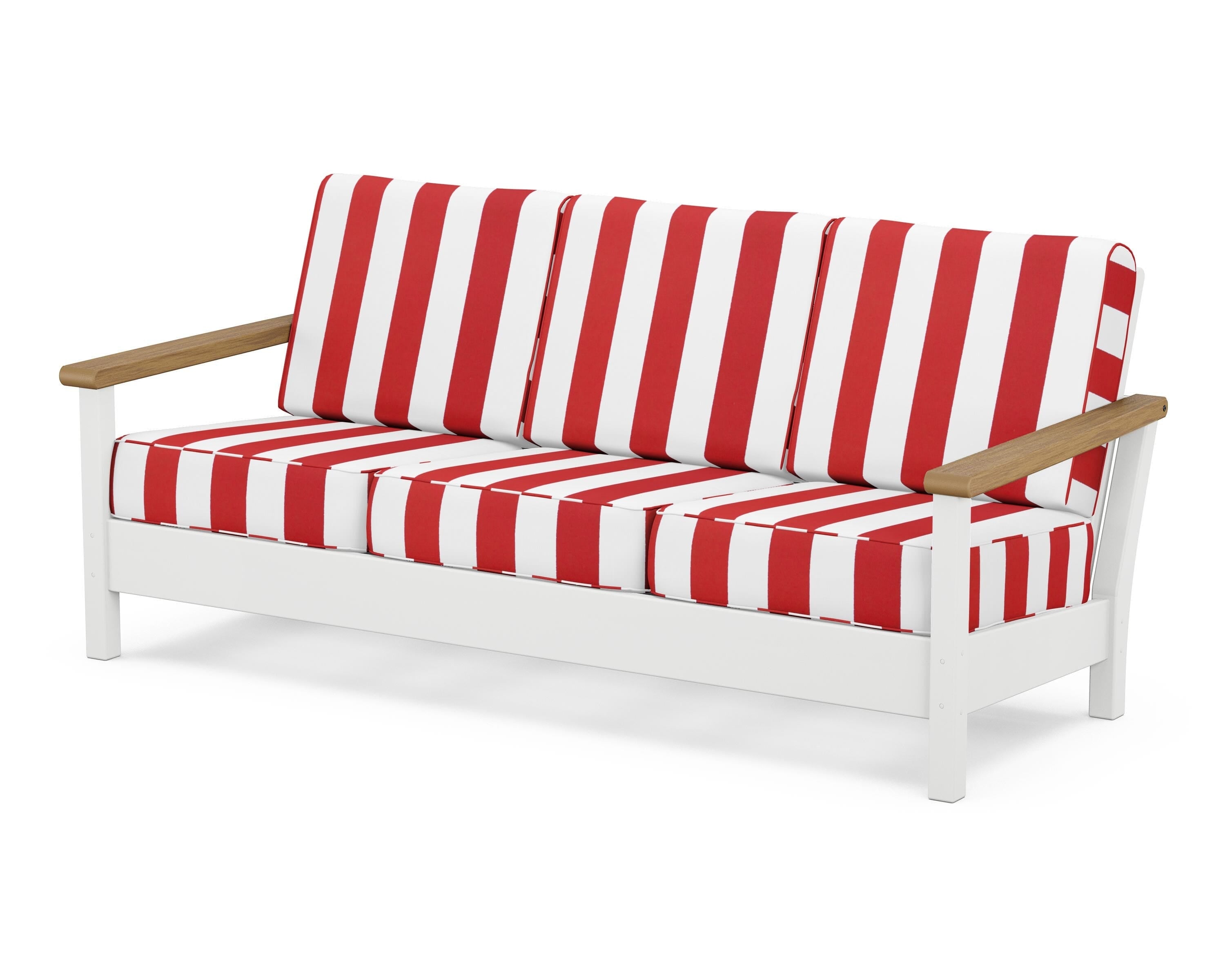 POLYWOOD® Harbour Deep Seating Sofa in White / Natural / Cabana Stripe Crimson