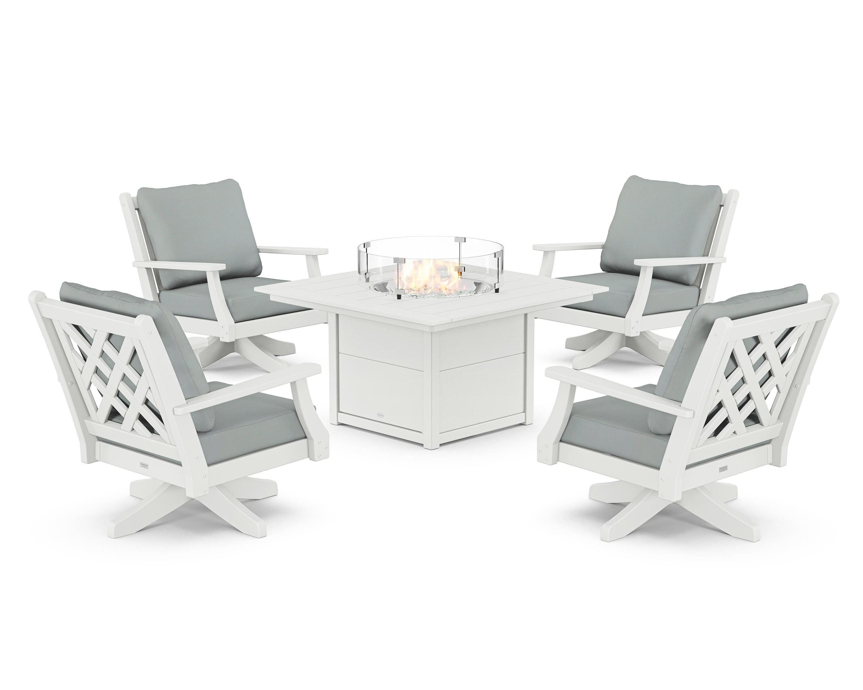 Country Living Wovendale 5-Piece Deep Seating Swivel Conversation Set with Fire Pit Table in White / Spa