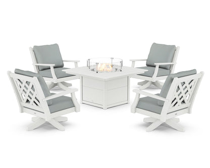 Country Living Wovendale 5-Piece Deep Seating Swivel Conversation Set with Fire Pit Table in White / Spa