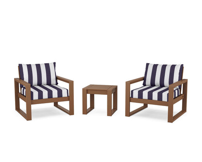 POLYWOOD® EDGE Sectional 3-Piece Deep Seating Set in Teak / Cabana Stripe Navy