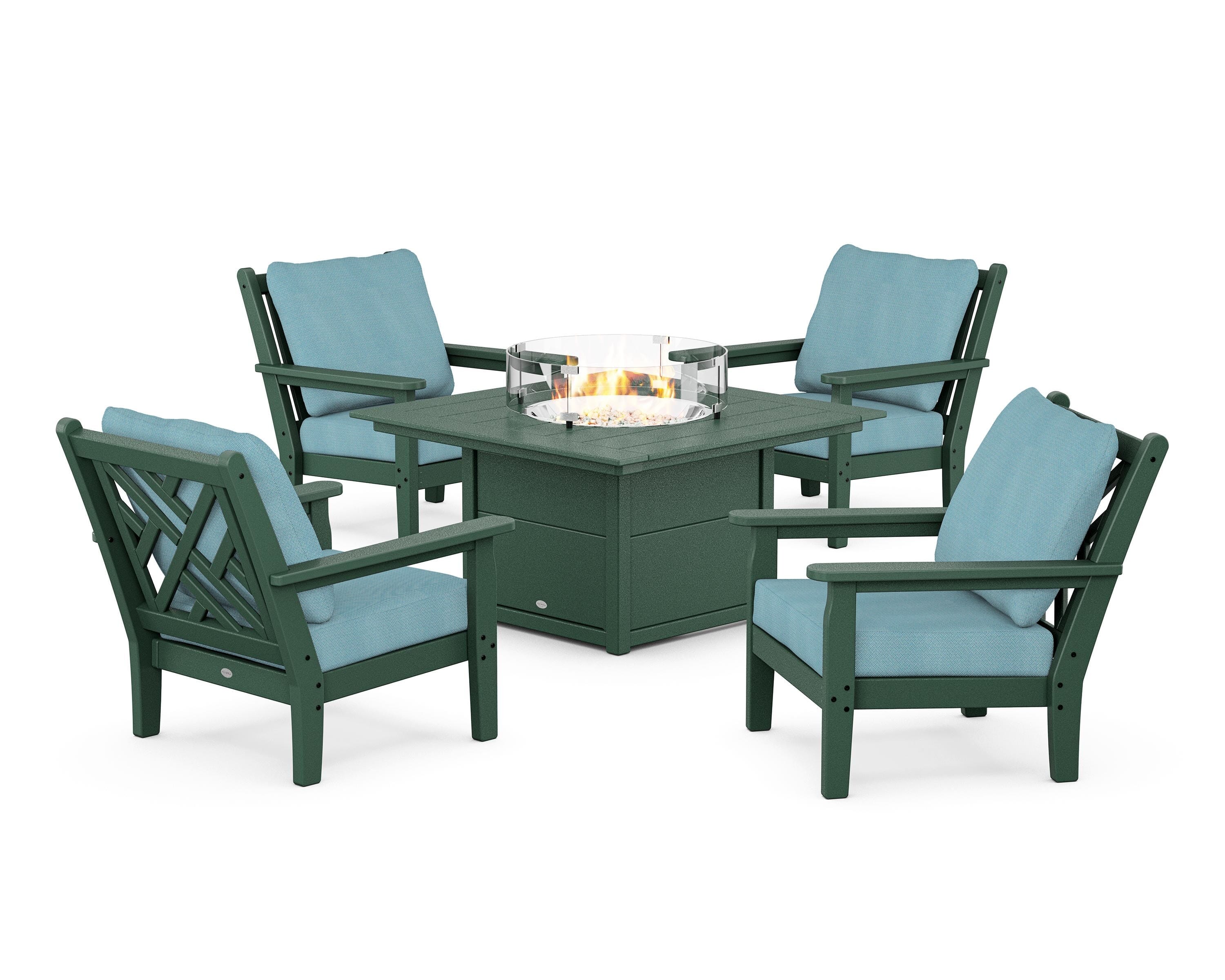 POLYWOOD® Chippendale 5-Piece Deep Seating Set with Fire Pit Table in Green / Lattice Sky Blue