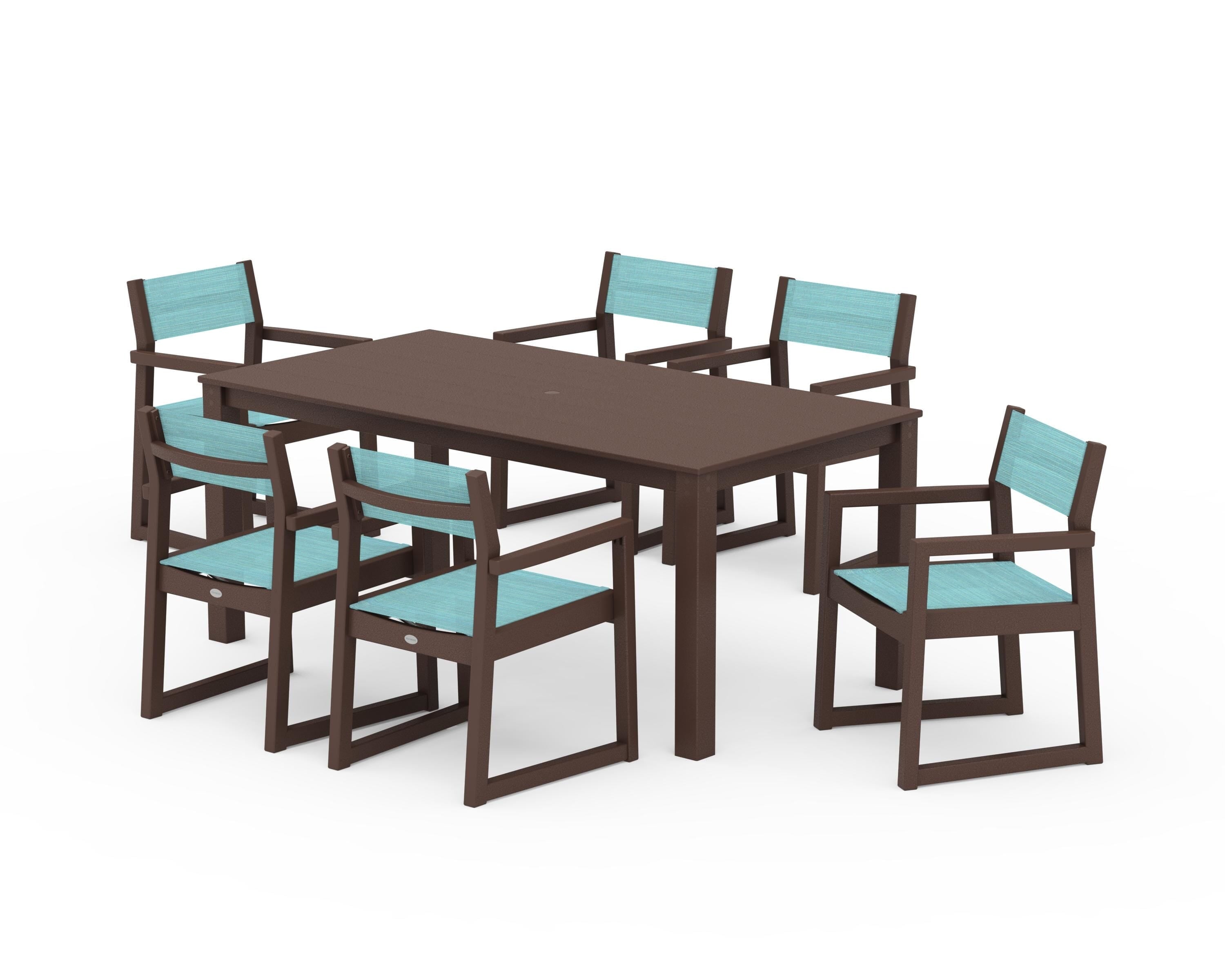 POLYWOOD® EDGE Sling Arm Chair 7-Piece Parsons Dining Set in Mahogany / Dupioni Aquamarine Sling
