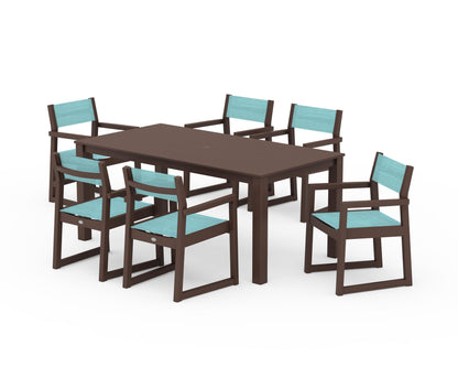 POLYWOOD® EDGE Sling Arm Chair 7-Piece Parsons Dining Set in Mahogany / Dupioni Aquamarine Sling
