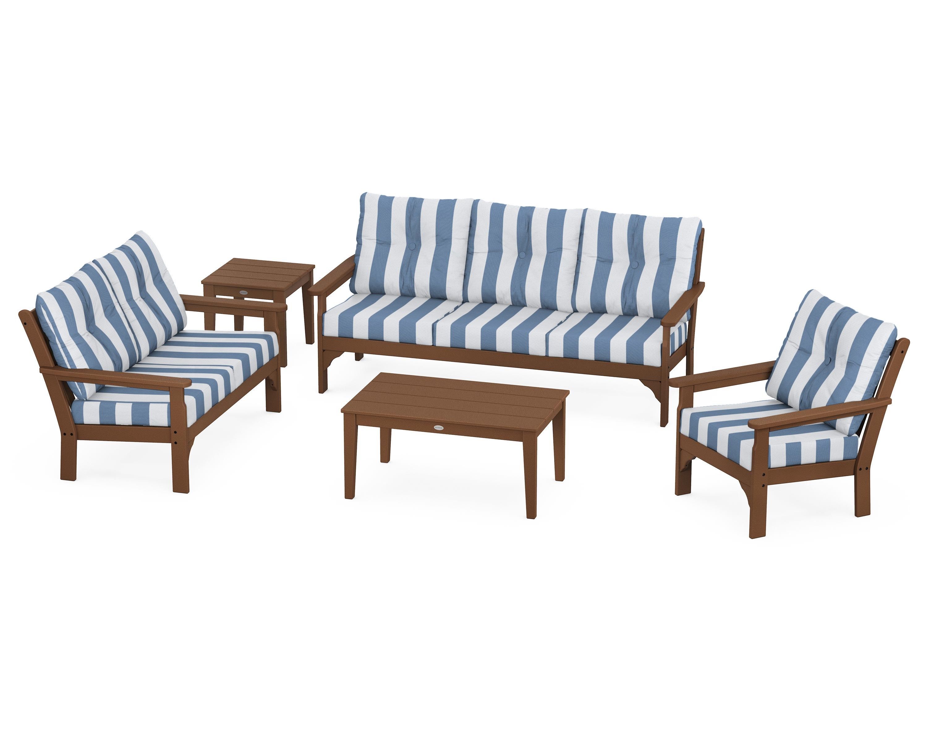 POLYWOOD® Vineyard 5 Piece Deep Seating Set in Teak / Cabana Stripe Sky Blue