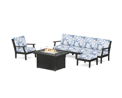 POLYWOOD® Braxton Sectional Lounge and Fire Pit Set in Black / Leaf Sky Blue