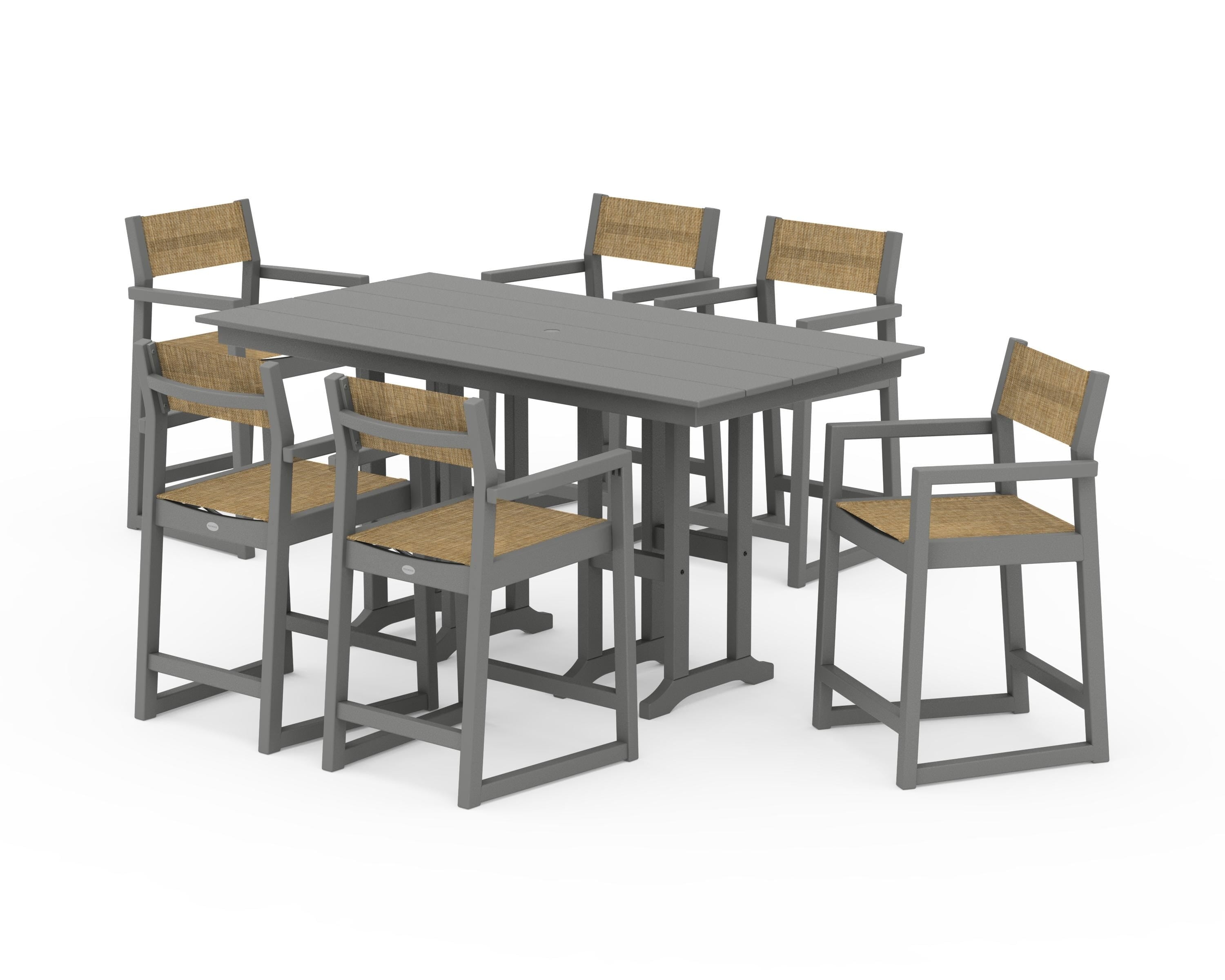 POLYWOOD® EDGE Sling Arm Chair 7-Piece Farmhouse Counter Set in Slate Grey / Burlap Sling