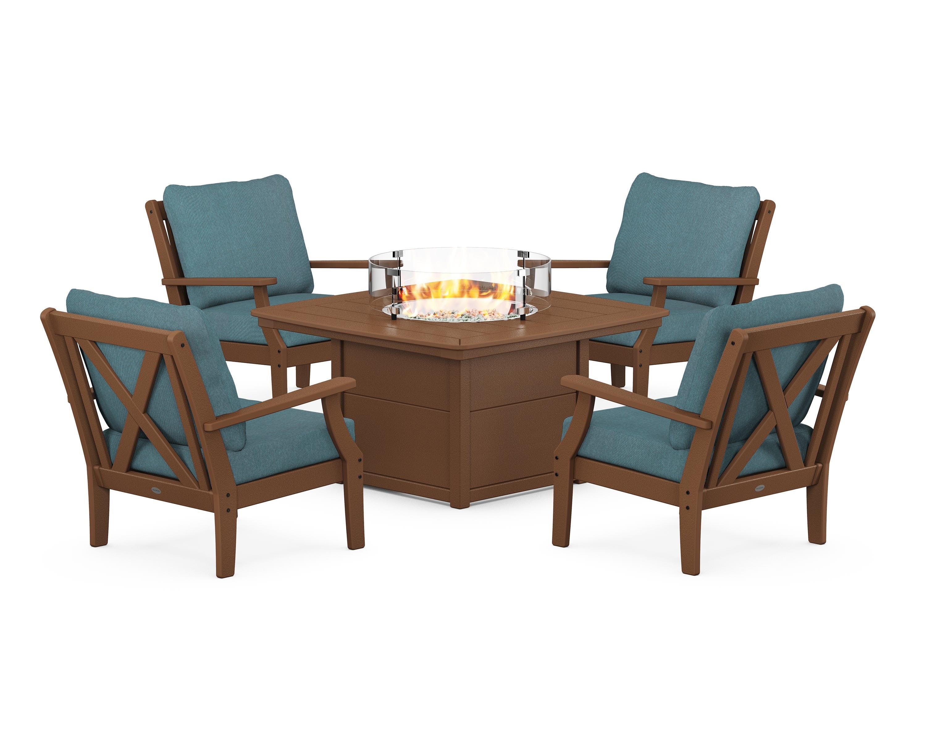 POLYWOOD® Braxton 5-Piece Deep Seating Conversation Set with Fire Pit Table in Teak / Ocean Teal