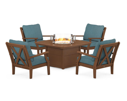 POLYWOOD® Braxton 5-Piece Deep Seating Conversation Set with Fire Pit Table in Teak / Ocean Teal