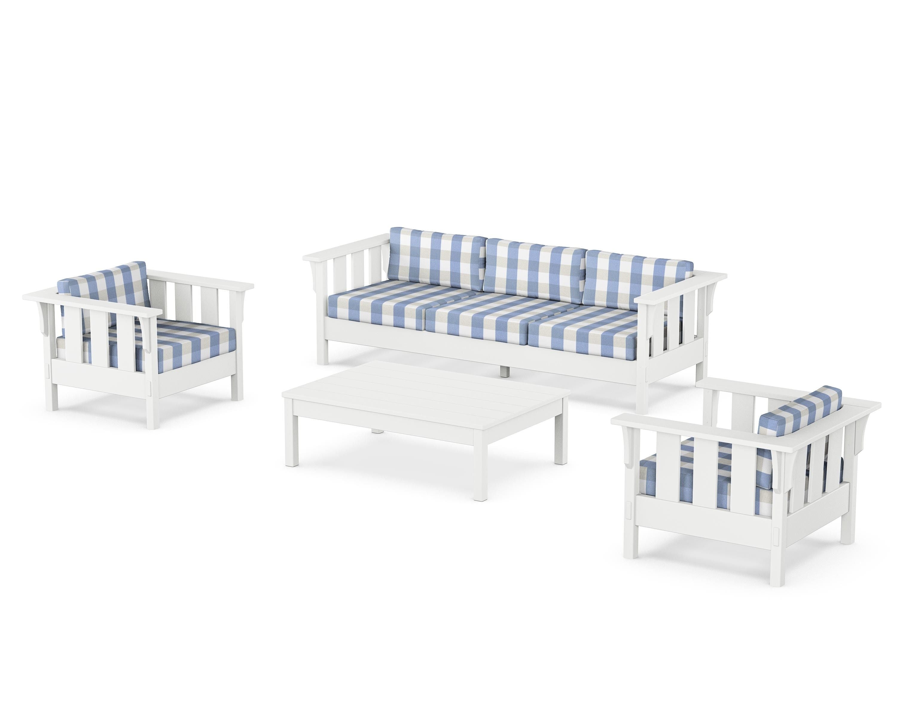 Martha Stewart by POLYWOOD® Acadia 4-Piece Deep Seating Set with Sofa in White / Buffalo Plaid Sky Blue