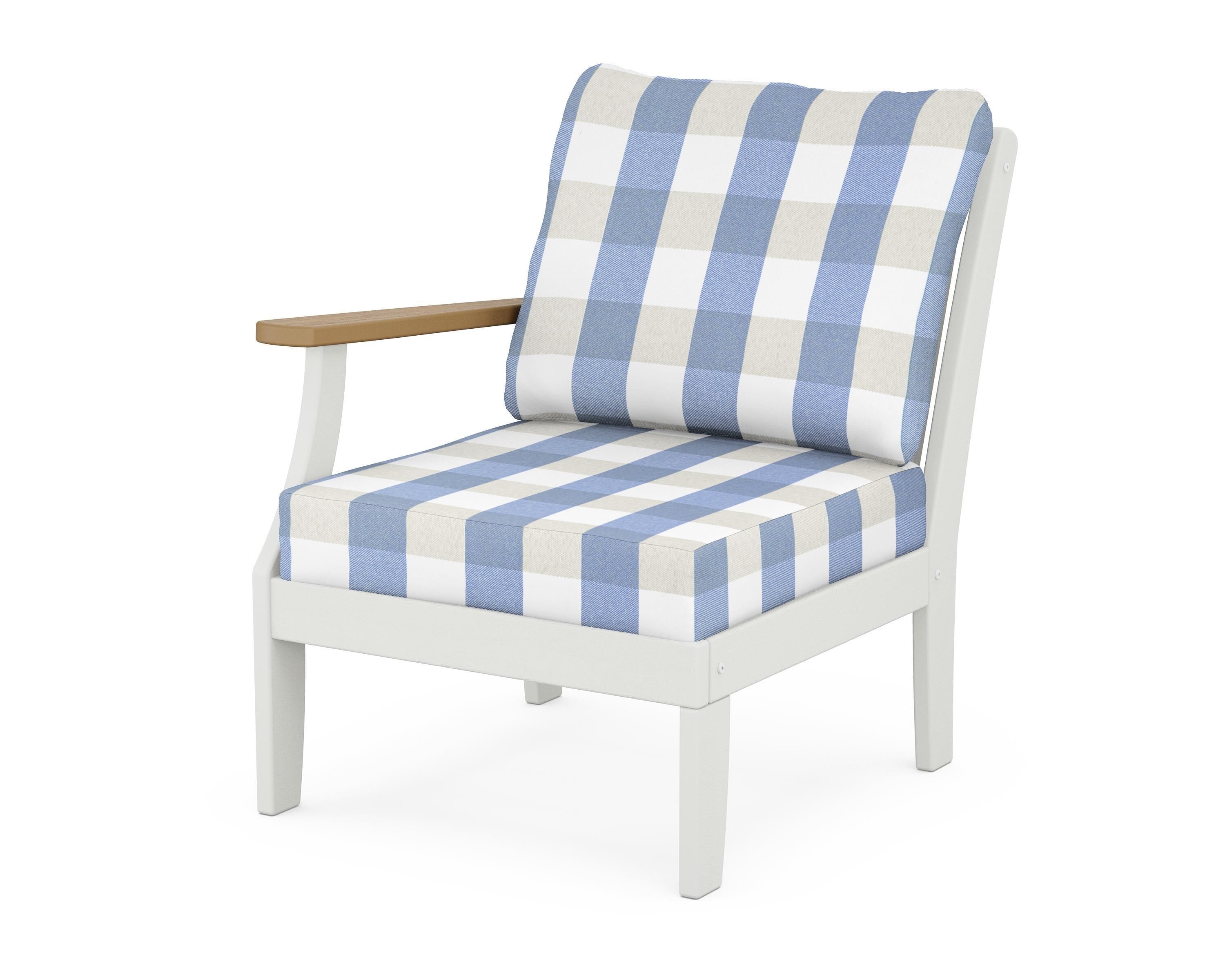 POLYWOOD® Braxton Modular Left Arm Chair in White / Natural / Buffalo Plaid Sky Blue