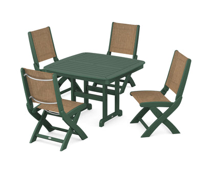 POLYWOOD® Coastal Folding Side Chair 5-Piece Dining Set in Green / Burlap Sling