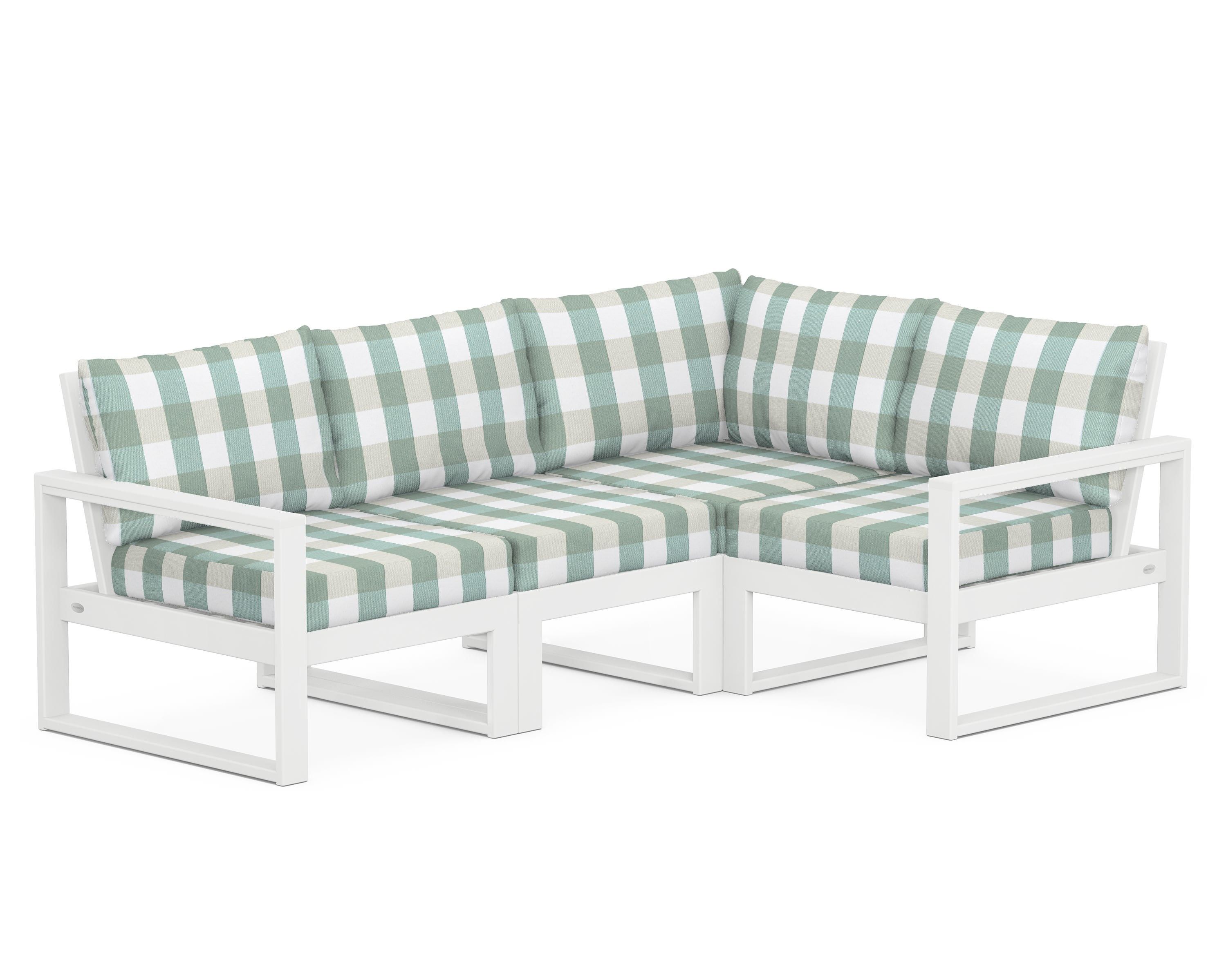 POLYWOOD® EDGE 4-Piece Modular Deep Seating Set in White / Buffalo Plaid Glacier Spa