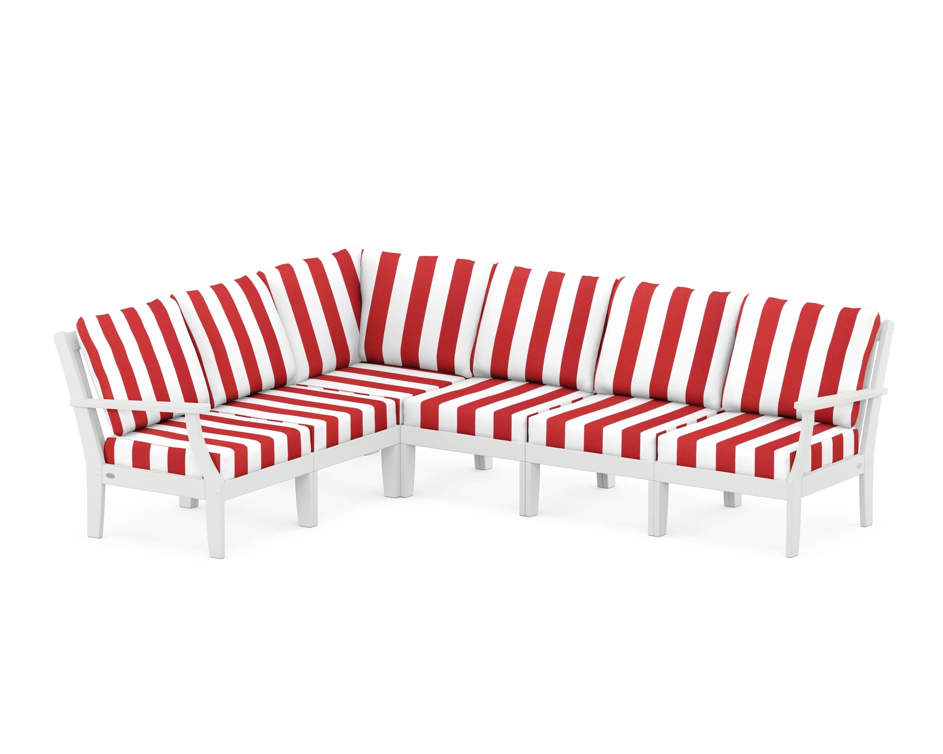 POLYWOOD® Braxton Modular 6-Piece Deep Seating Set in White / Cabana Stripe Crimson