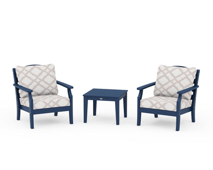 Draper James™ by  POLYWOOD® Savannah 3-Piece Deep Seating Set in Navy / Trellis Dune Burlap