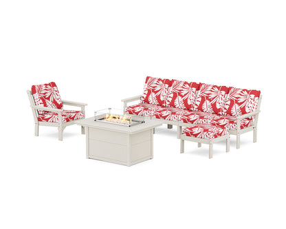 POLYWOOD® Vineyard Sectional Lounge and Fire Pit Set in Sand / Leaf Crimson