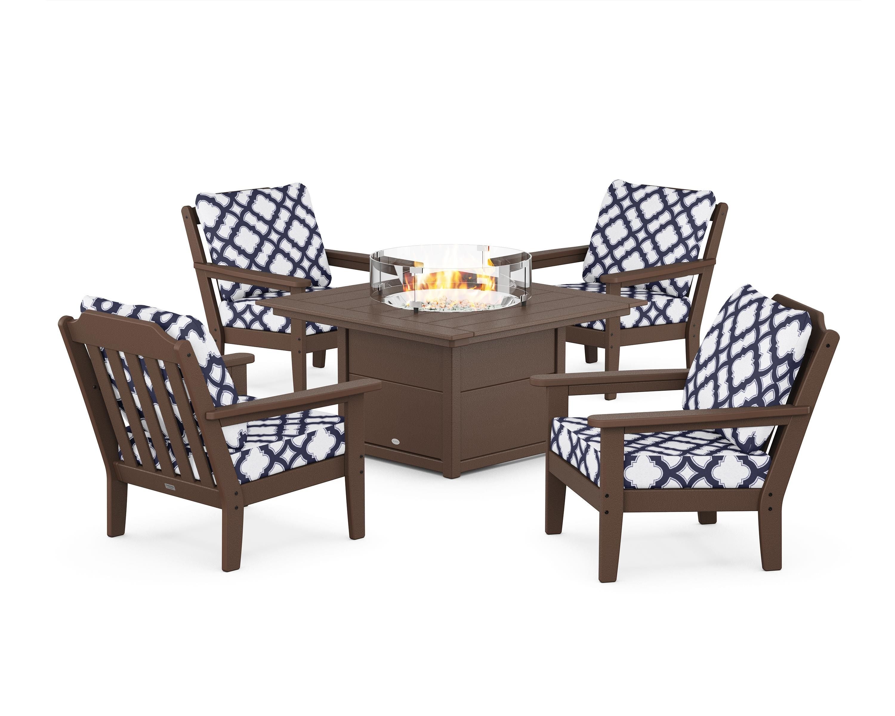 Country Living Cottage 5-Piece Deep Seating Set with Fire Pit Table in Mahogany / Trellis Navy