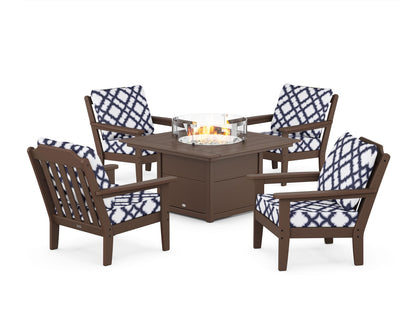 Country Living Cottage 5-Piece Deep Seating Set with Fire Pit Table in Mahogany / Trellis Navy