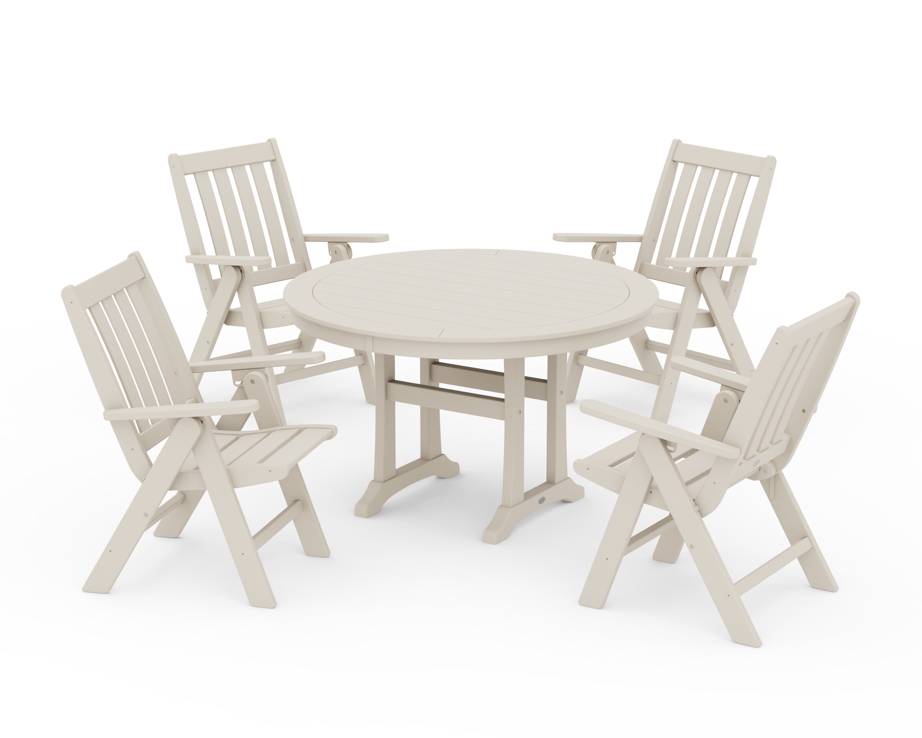 POLYWOOD® Vineyard Folding Chair 5-Piece Round Dining Set with Trestle Legs in Sand