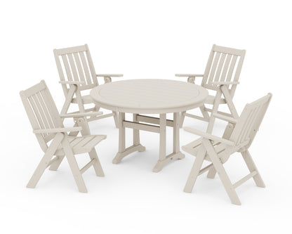 POLYWOOD® Vineyard Folding Chair 5-Piece Round Dining Set with Trestle Legs in Sand