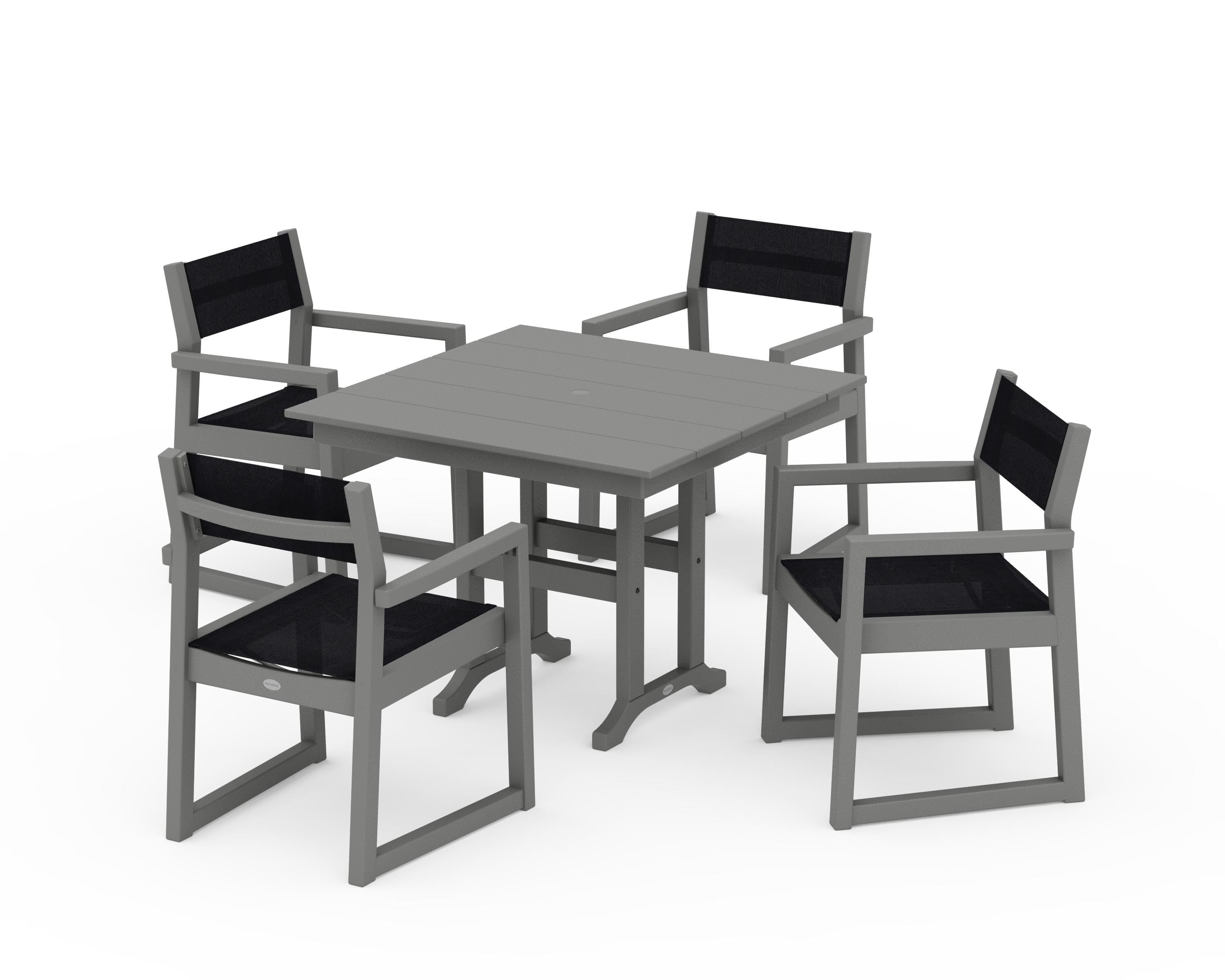POLYWOOD® EDGE Sling Arm Chair 5-Piece Farmhouse Dining Set in Slate Grey / Black Sling
