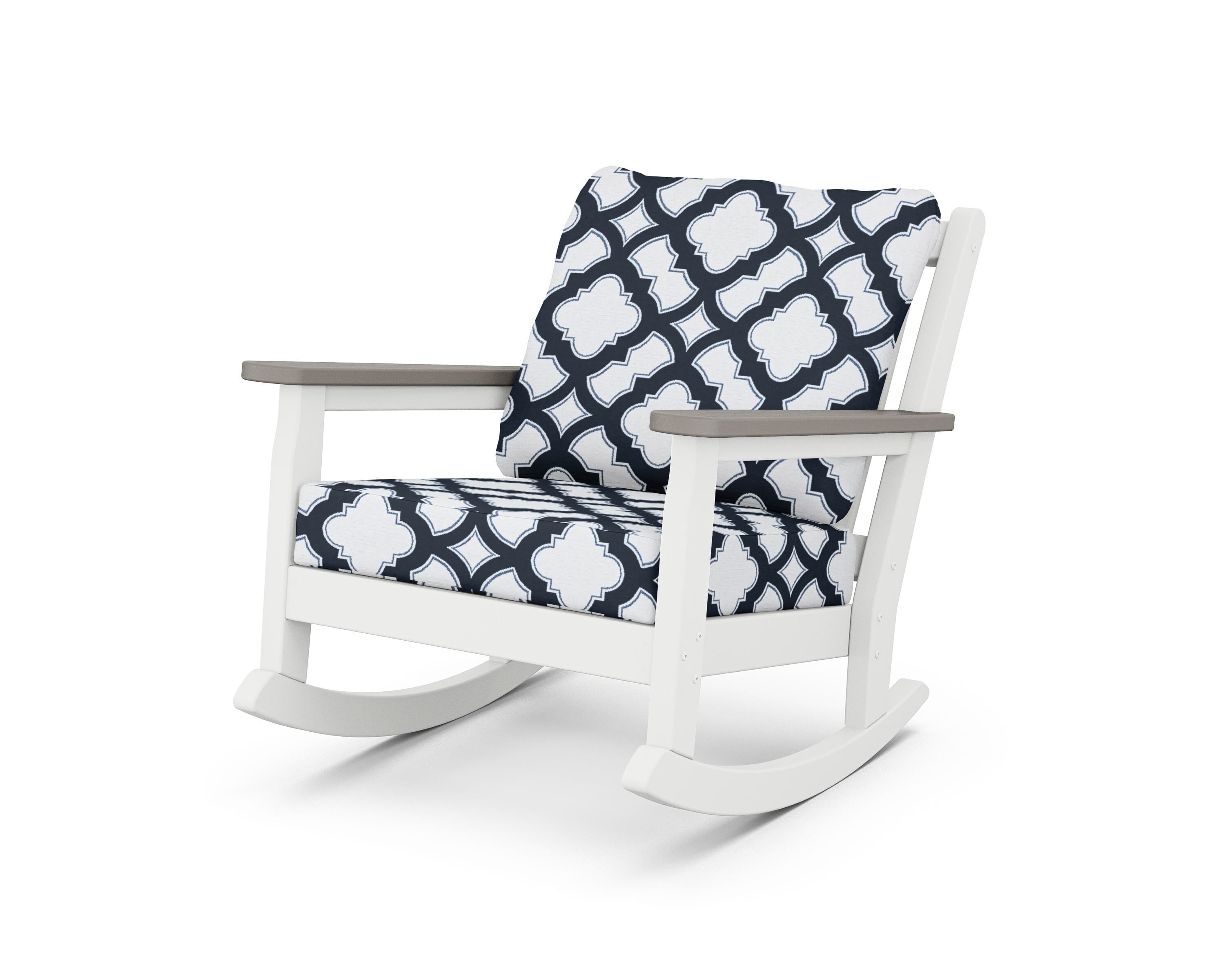 POLYWOOD® Chippendale Deep Seating Rocking Chair in White / Driftwood / Trellis Marine Indigo