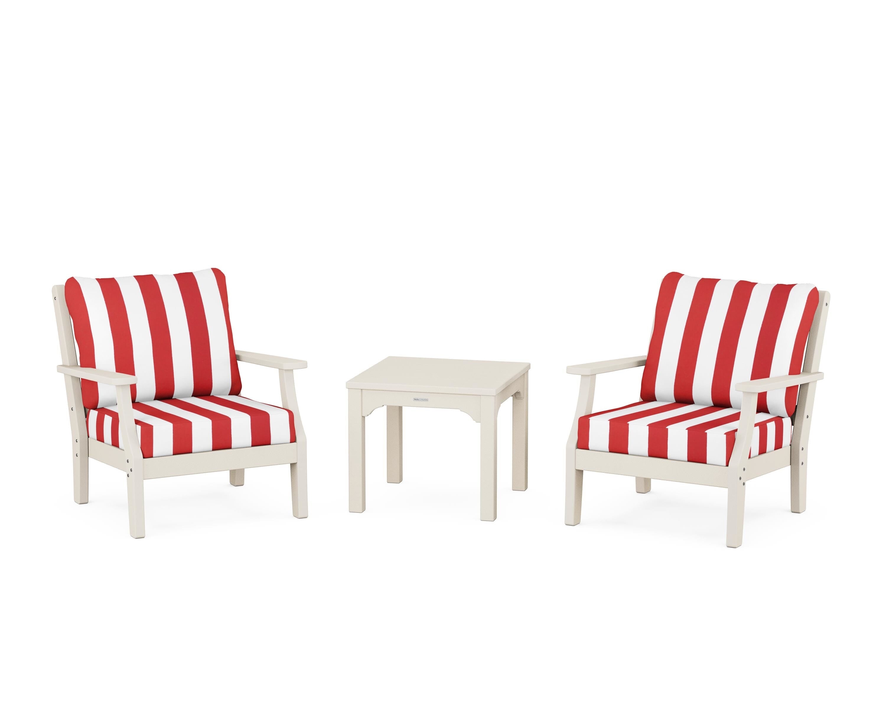 Martha Stewart by POLYWOOD® Chinoiserie 3-Piece Deep Seating Set in Sand / Cabana Stripe Crimson