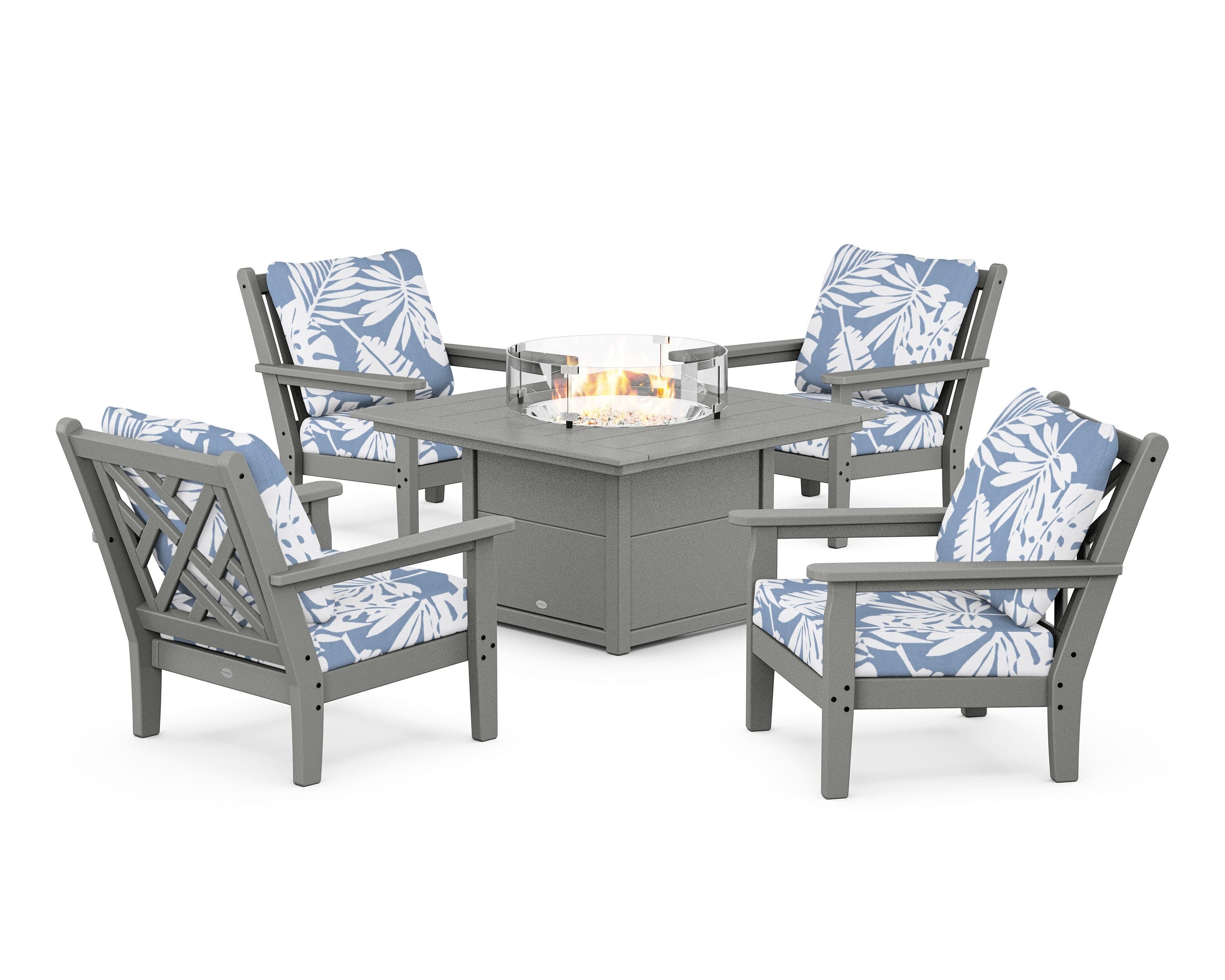 POLYWOOD® Chippendale 5-Piece Deep Seating Set with Fire Pit Table in Slate Grey / Leaf Sky Blue