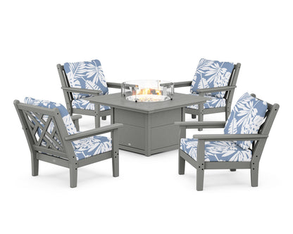 POLYWOOD® Chippendale 5-Piece Deep Seating Set with Fire Pit Table in Slate Grey / Leaf Sky Blue