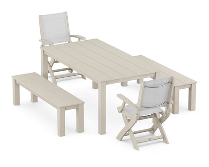 POLYWOOD® Coastal Folding Chair 5-Piece Parsons Dining Set with Benches in Sand / White Sling
