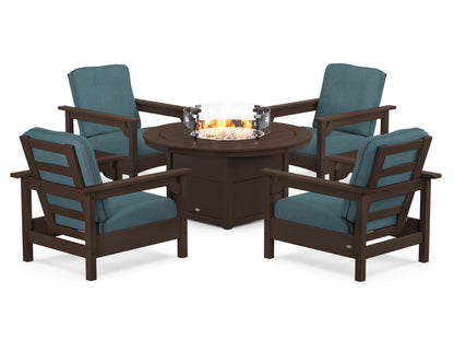 POLYWOOD® Club 5-Piece Conversation Set with Fire Pit Table in Mahogany / Ocean Teal