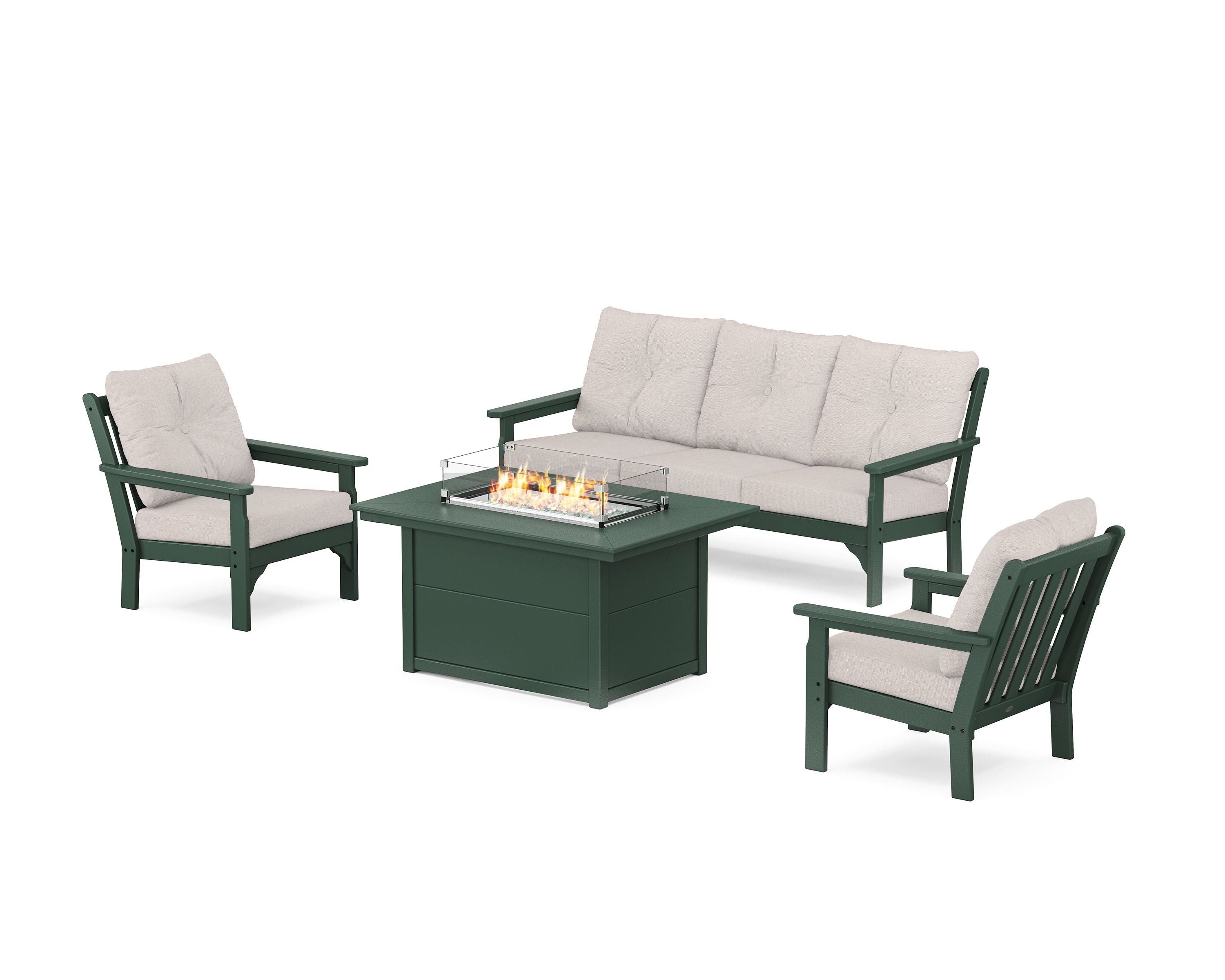 POLYWOOD® Vineyard Deep Seating Fire Pit Table Set in Green / Dune Burlap