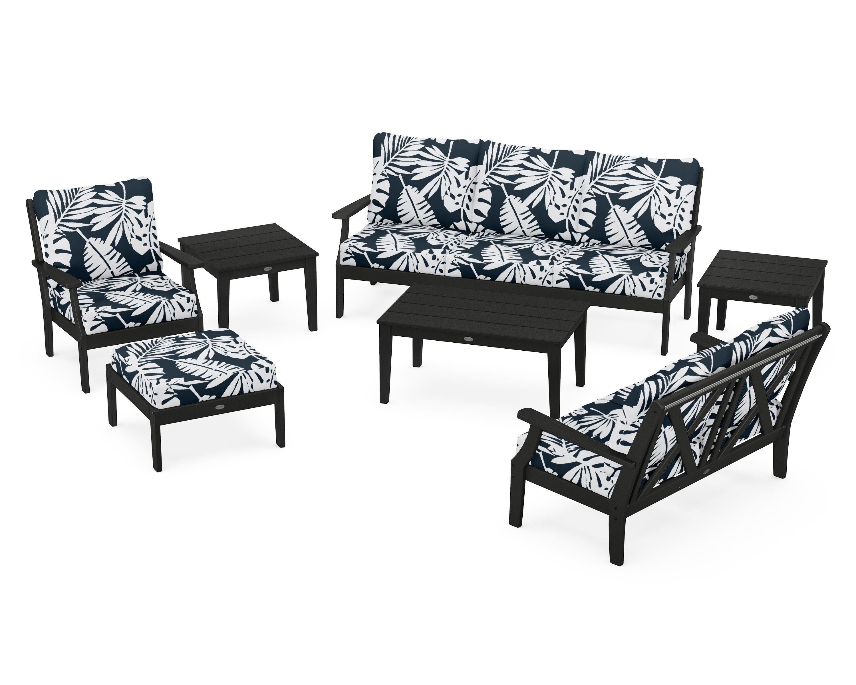 POLYWOOD® Braxton 7-Piece Deep Seating Set in Black / Leaf Marine Indigo