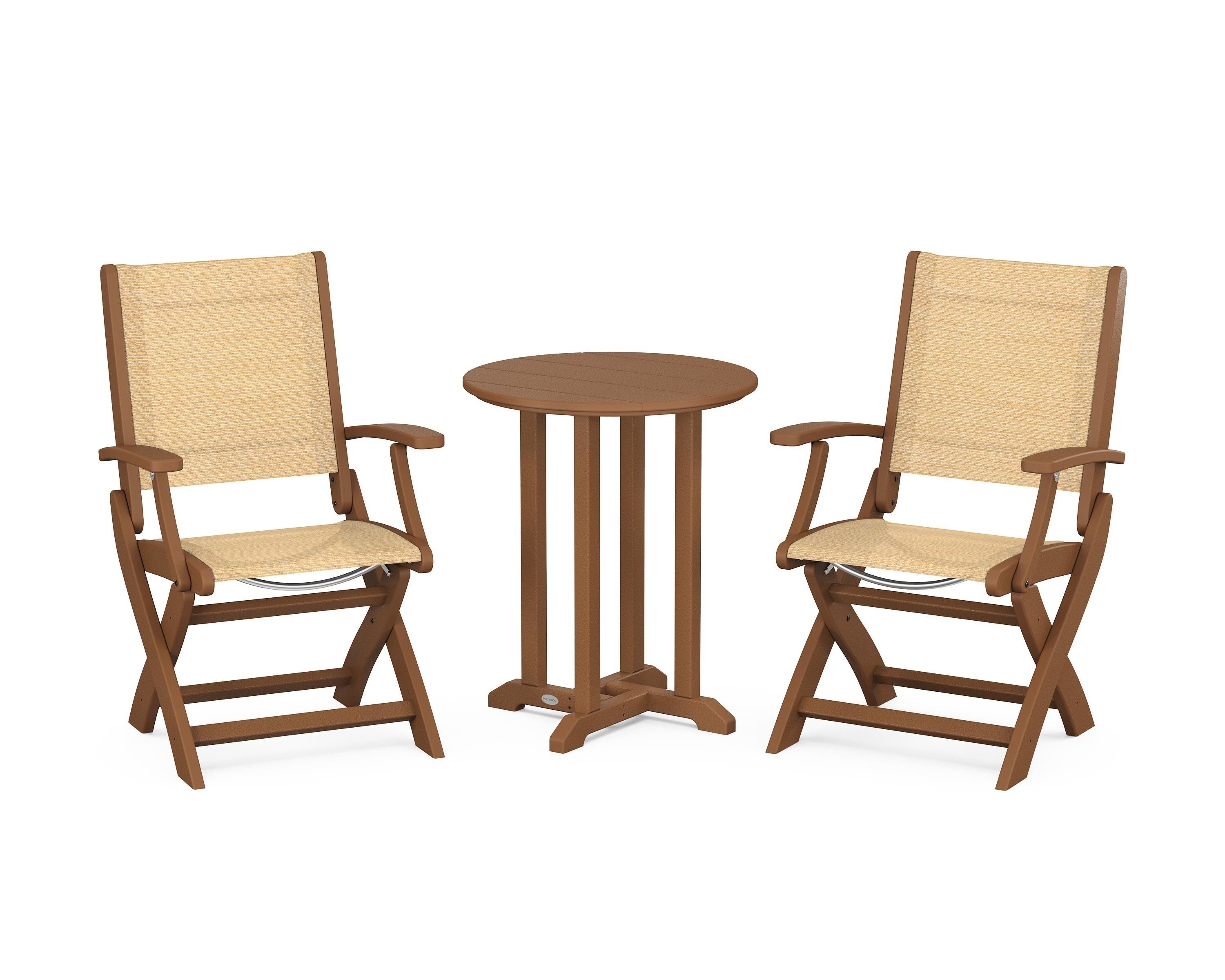 POLYWOOD® Coastal Folding 3-Piece Round Bistro Dining Set in Teak / Dupioni Apricot Sling