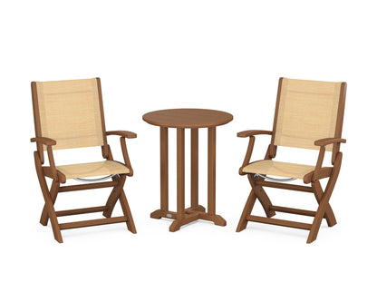 POLYWOOD® Coastal Folding 3-Piece Round Bistro Dining Set in Teak / Dupioni Apricot Sling