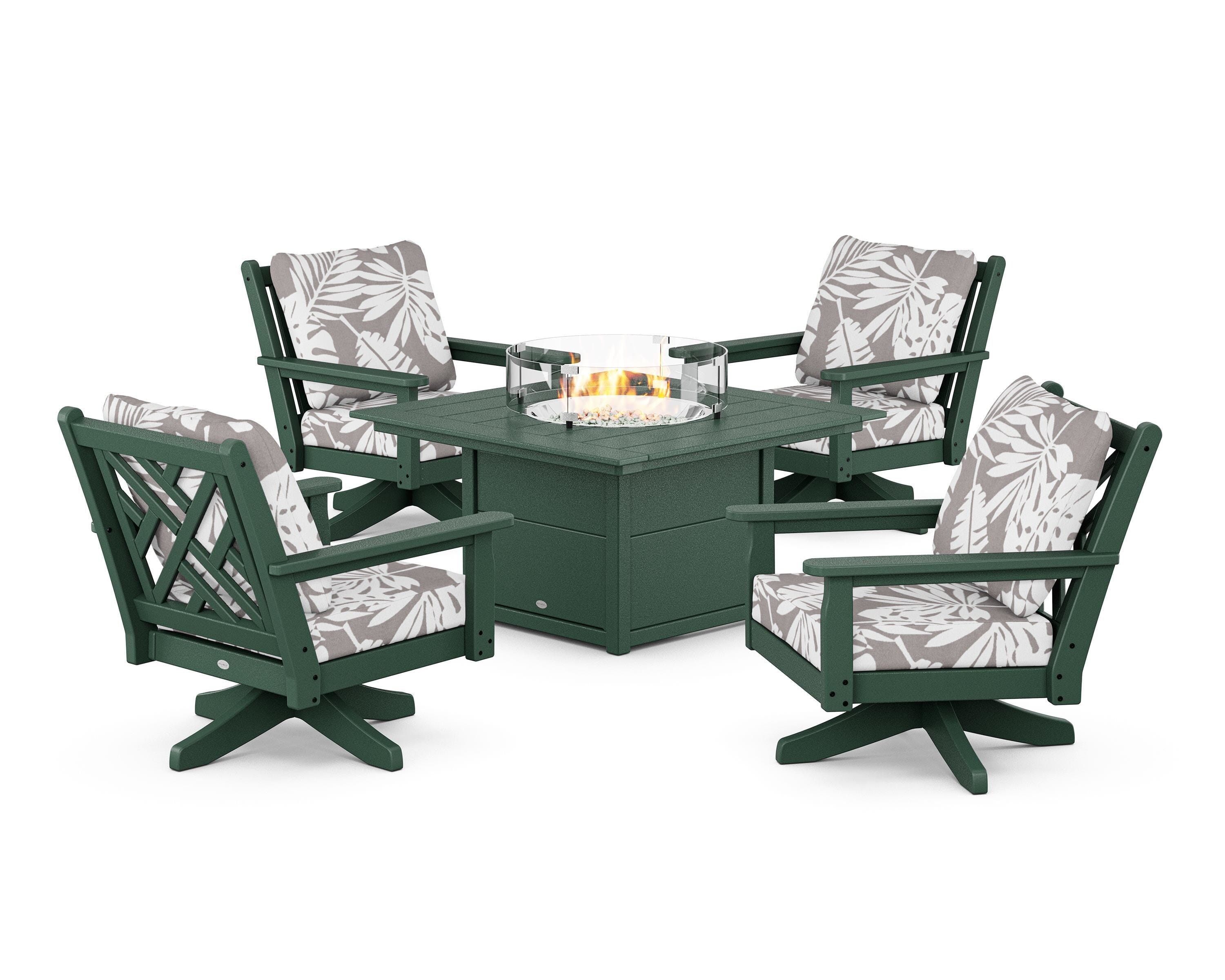 POLYWOOD® Chippendale 5-Piece Deep Seating Swivel Conversation Set with Fire Pit Table in Green / Leaf Grey Mist