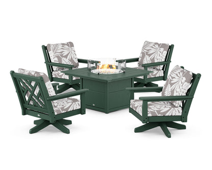POLYWOOD® Chippendale 5-Piece Deep Seating Swivel Conversation Set with Fire Pit Table in Green / Leaf Grey Mist