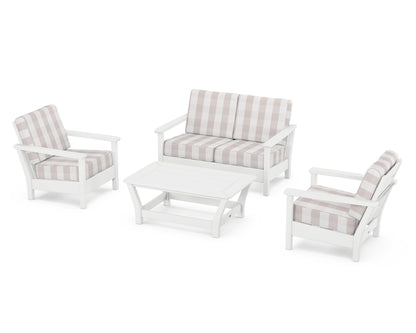 POLYWOOD® Harbour 4-Piece Deep Seating Set in White / Buffalo Plaid Dune Burlap