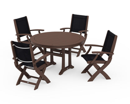 POLYWOOD® Coastal Folding Chair 5-Piece Round Dining Set with Trestle Legs in Mahogany / Black Sling
