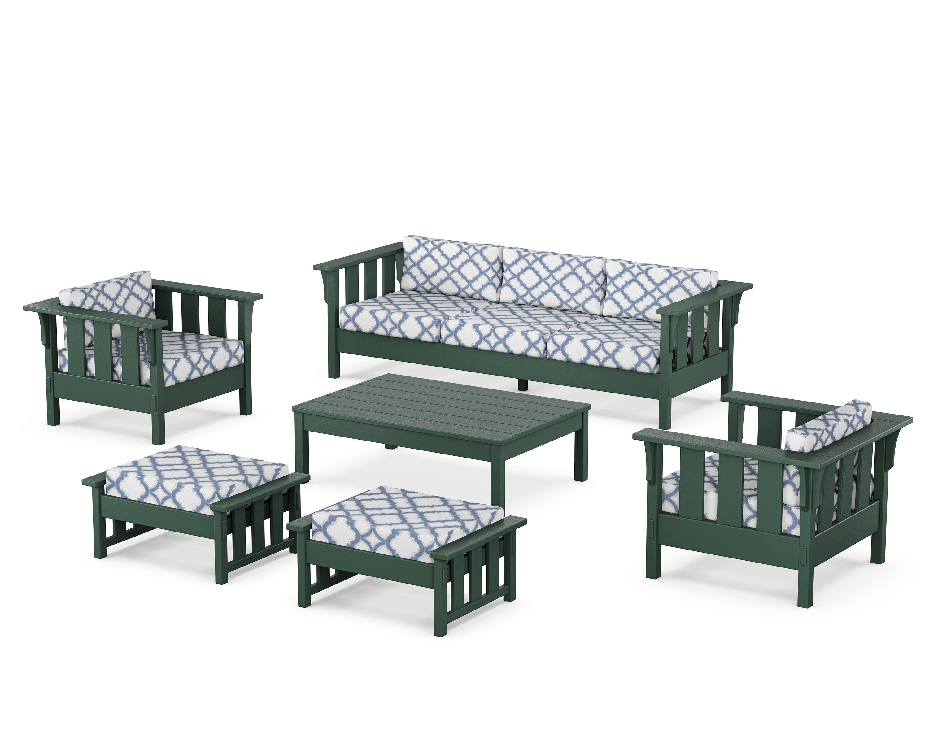 Martha Stewart by POLYWOOD® Acadia 6-Piece Lounge Sofa Set in Green / Trellis Sky Blue
