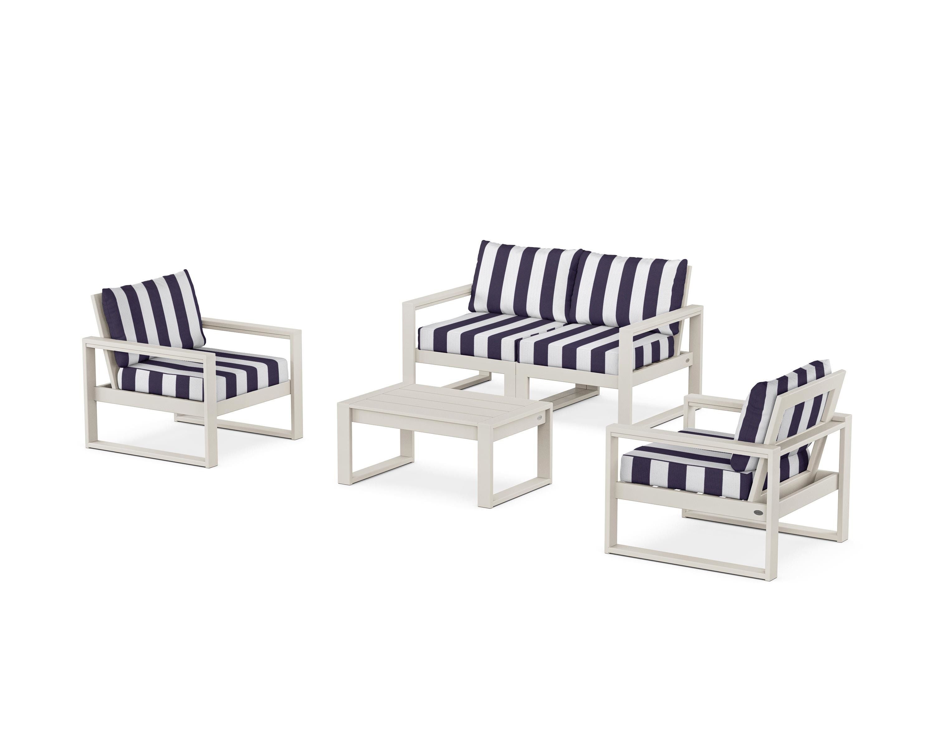POLYWOOD® EDGE Sectional 4-Piece Deep Seating Set with Loveseat in Sand / Cabana Stripe Navy