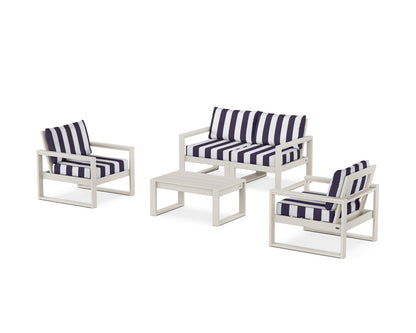POLYWOOD® EDGE Sectional 4-Piece Deep Seating Set with Loveseat in Sand / Cabana Stripe Navy