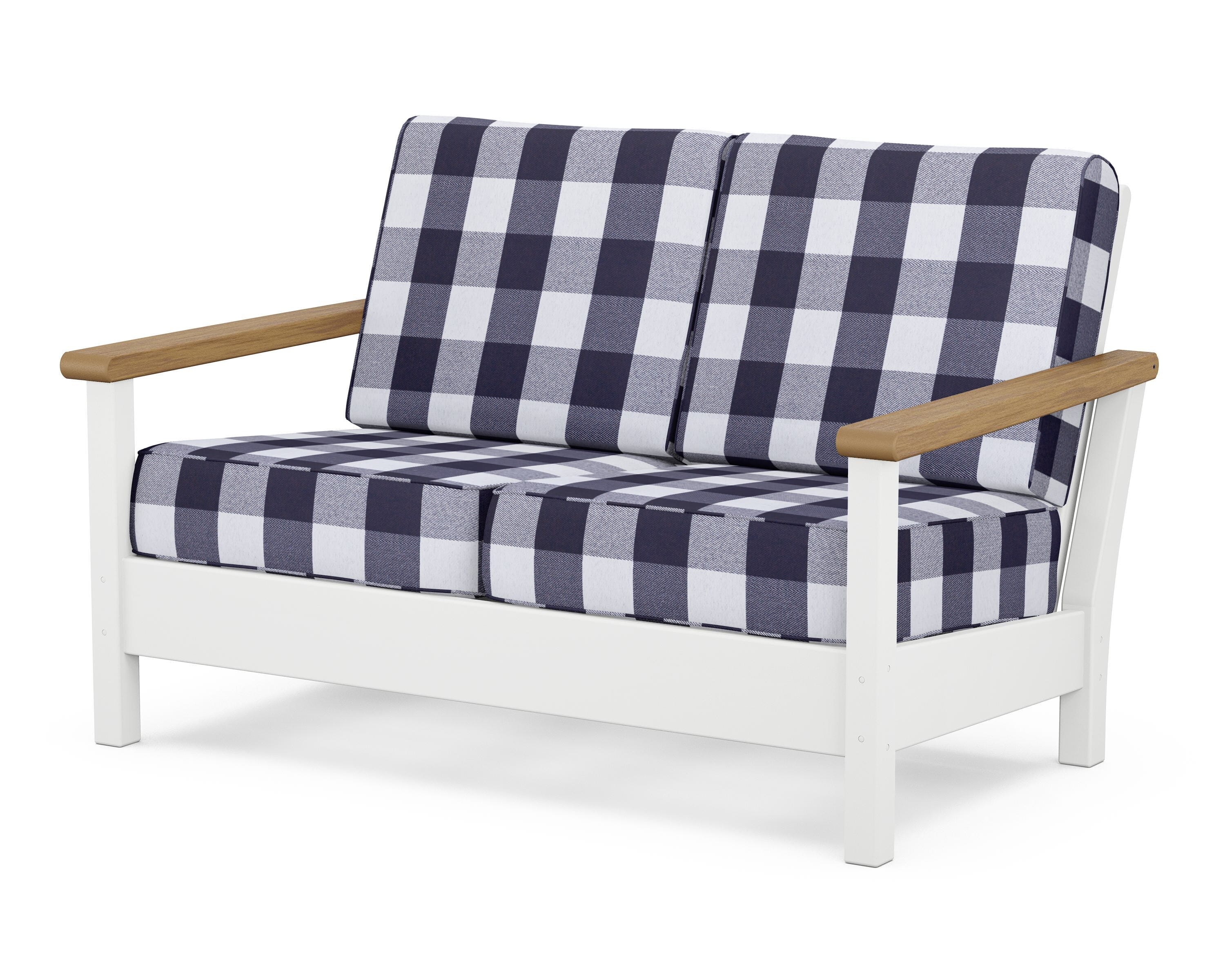 POLYWOOD® Harbour Deep Seating Loveseat in White / Natural / Buffalo Plaid Navy