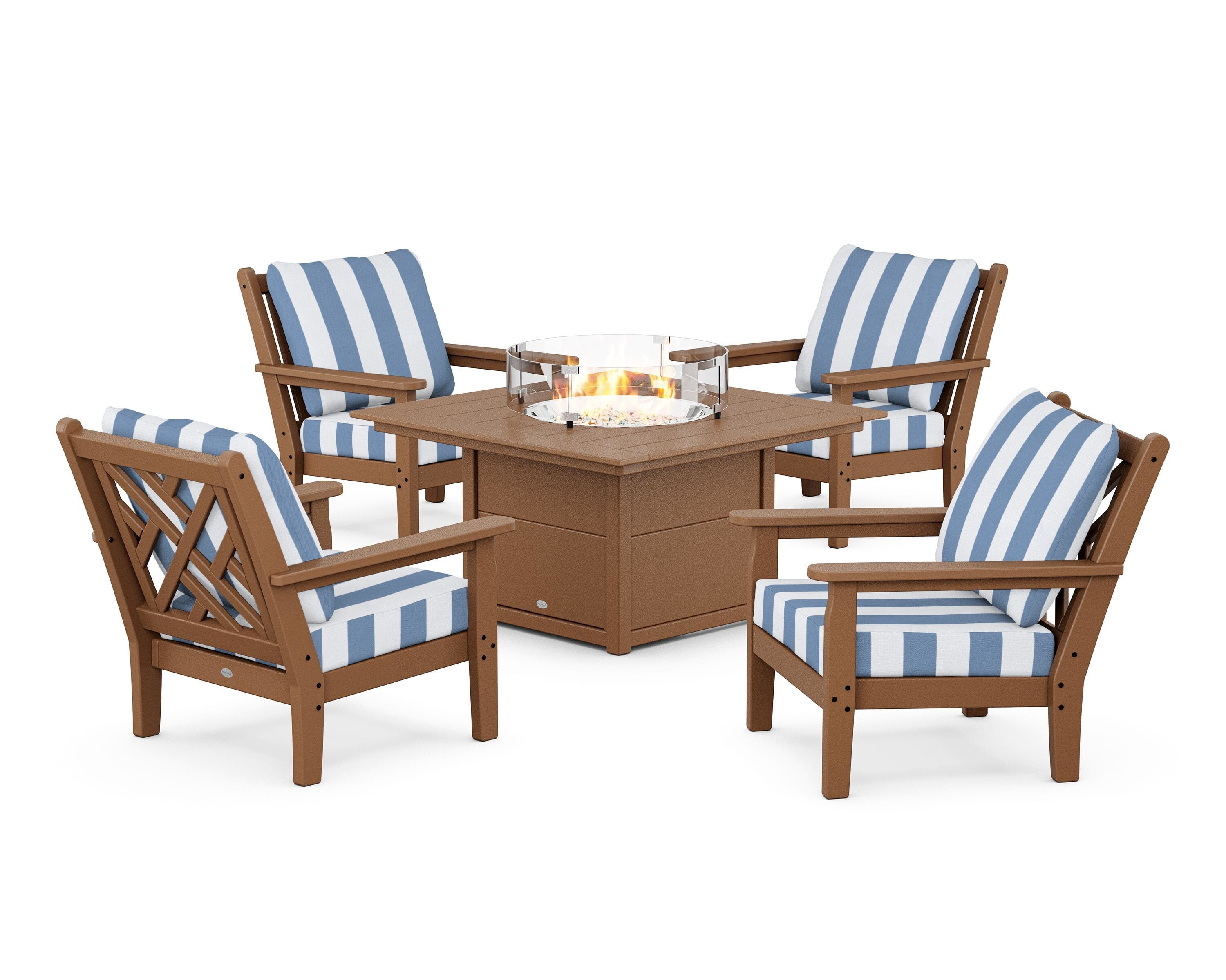 POLYWOOD® Chippendale 5-Piece Deep Seating Set with Fire Pit Table in Teak / Cabana Stripe Sky Blue